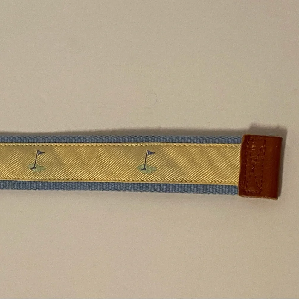 J. McLAUGHLIN BELT GOLF FLAG BLUE WEBBING YELLOW RIBBON BROWN LEATHER SIZE S USA